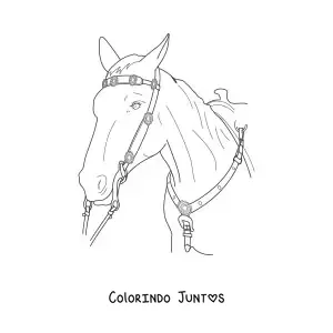 Desenho para colorir de uma cabeça de cavalo com as rédeas colocadas