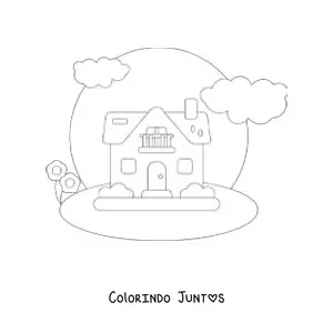 Desenho para colorir de uma casa com chaminé e varanda