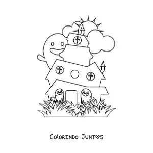 Desenho para colorir de uma casa de terror com fantasmas