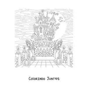 Desenho para colorir de um castelo assombrado com bruxas e fantasmas
