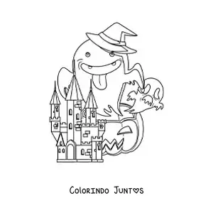 Desenho para colorir de um castelo de terror com fantasmas