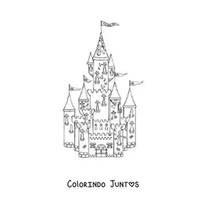 Desenho para colorir de um castelo de princesa com torres e bandeiras