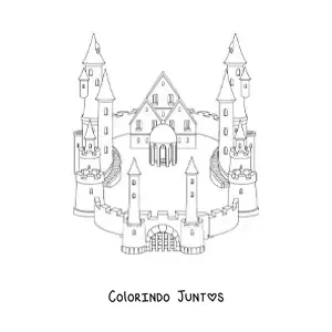 Desenho para colorir de um castelo com uma muralha