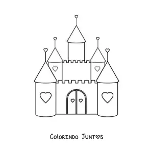 Desenho para colorir de um castelo kawaii decorado com corações