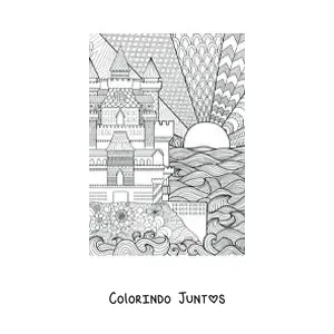 Desenho para colorir de um castelo desenhado com design geométrico