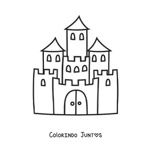 Desenho para colorir de um castelo com três torres e uma muralha