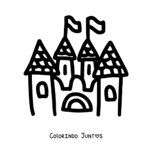 Desenho para colorir de um castelo de desenho animado com quatro torres e bandeirinhas