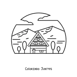 Desenho para colorir de uma cabana cercada por montanhas