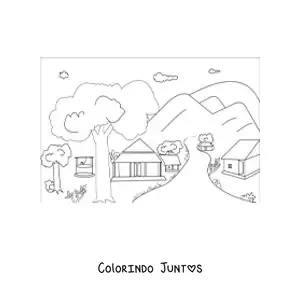 Desenho para colorir de uma paisagem com várias cabanas