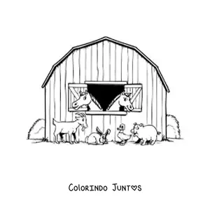 Desenho para colorir do estábulo de uma fazenda com dois cavalos e outros animais animados