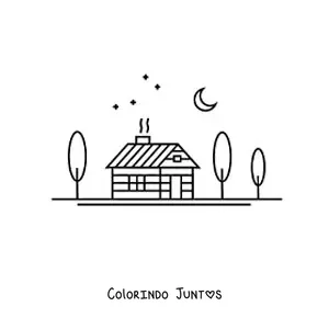 Desenho para colorir de uma cabana em uma floresta à noite
