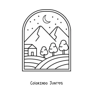 Desenho para colorir de uma paisagem de floresta com uma cabana