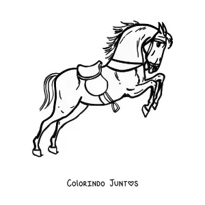 Desenho para colorir de um cavalo selado e com rédeas saltando com as patas traseiras