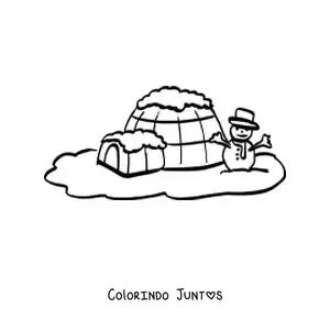 Desenho para colorir de um iglu com um boneco de neve