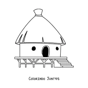 Desenho para colorir de uma cabana tradicional sobre uma base de madeira