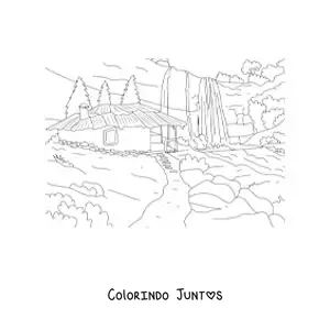 Desenho para colorir de uma choça no meio de uma floresta