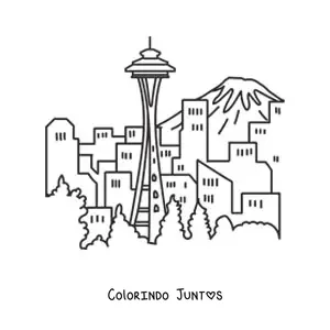 Desenho para colorir de uma paisagem com arranha-céus e uma montanha ao fundo
