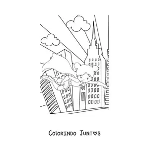 Desenho para colorir de uma menina super-heroína voando em uma cidade com arranha-céus