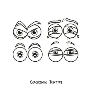 Desenho para colorir de 4 pares de olhos animados expressando emoções diferentes