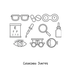 Desenho para colorir de diferentes elementos de oftalmologia