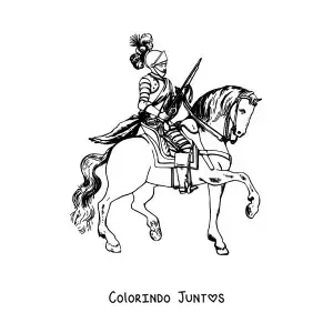 Desenho para colorir de um cavaleiro com armadura montando um cavalo