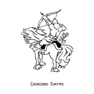 Desenho para colorir de um arqueiro sobre um cavalo disparando uma flecha