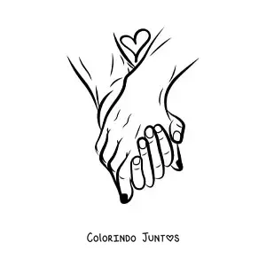 Desenho para colorir de um par de mãos de casal entrelaçadas com um coração