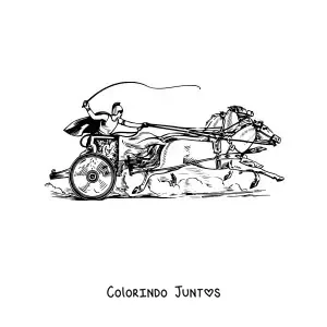 Desenho para colorir de uma biga romana em alta velocidade conduzida por dois cavalos