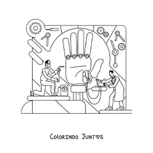 Desenho para colorir de engenheiros construindo uma mão biônica gigante