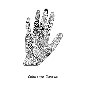Desenho para colorir de uma mão com estampa de mandala
