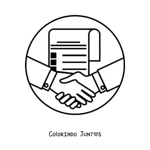 Desenho para colorir de um aperto de mãos fechando um acordo com um contrato ao fundo