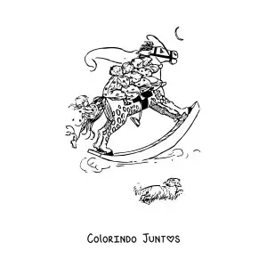 Desenho para colorir de cinco crianças pequenas sobre uma gangorra grande em forma de cavalo