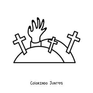 Desenho de halloween para colorir de uma mão de zumbi em um cemitério