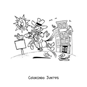 Desenho para colorir de um vaqueiro animado cavalgando em um dia ensolarado