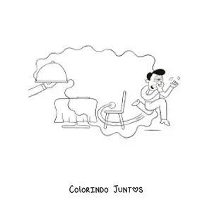 Desenho para colorir de um homem fugindo do restaurante por causa do cheiro desagradável do seu prato