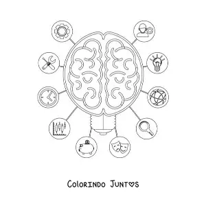 Desenho para colorir de um cérebro rodeado de símbolos que representam o pensamento, as emoções e a inteligência