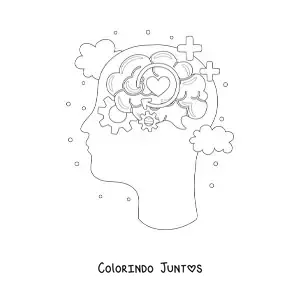 Desenho para colorir de uma cabeça humana com um cérebro rodeado de símbolos do pensamento, das emoções e da inteligência