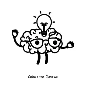 Desenho para colorir de um cérebro kawaii animado tendo uma ideia, com óculos e uma lâmpada