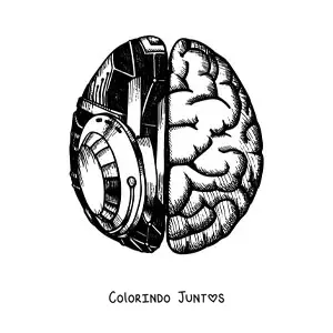 Desenho para colorir de um cérebro com partes robóticas visto de cima