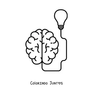 Desenho para colorir de um cérebro tendo uma ideia, conectado a uma lâmpada