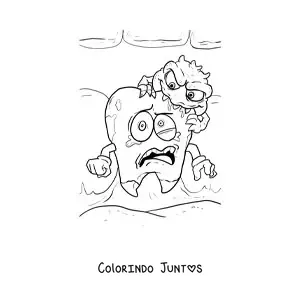 Desenho para colorir de um dente animado assustado porque tem cárie