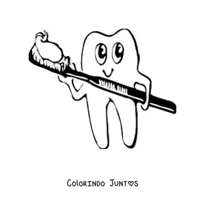 Desenho para colorir de um dente animado sorrindo segurando uma escova com creme dental