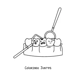 Desenho para colorir de dentes animados com cárie com instrumentos de odontologia