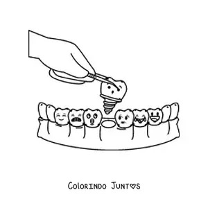 Desenho para colorir de um dente animado sendo extraído pelo dentista