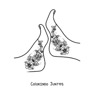 Desenho para colorir de um par de pés bonitos de mulher com tatuagens de flores
