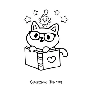 Desenho para colorir de um gato kawaii com livro aberto