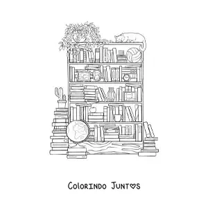Desenho para colorir de vários livros arrumados em uma biblioteca