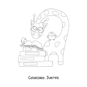 Desenho para colorir de uma girafa animada lendo um livro junto a uns pássaros