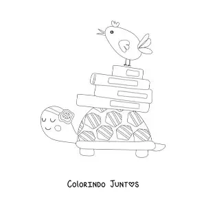 Desenho para colorir de uma tartaruga animada carregando uma pilha de livros sobre o casco