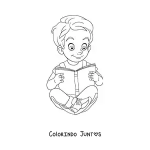 Desenho para colorir de um menino sentado lendo um livro